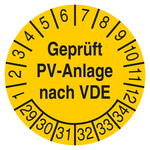 Pr&uuml;fplakette Gepr&uuml;ft PV-Anlage nach VDE 2029 Gelb Folie abl&ouml;sbar &Oslash; 40 mm 100 St&uuml;ck/Rolle