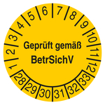 Pr&uuml;fplakette Gepr&uuml;ft gem&auml;&szlig; BetrSichV 2028 Gelb Folie mit Schutzfolie &Oslash; 40 mm 10 St&uuml;ck/Bogen