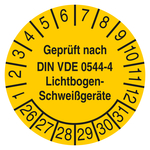 Pr&uuml;fplakette Gepr&uuml;ft nach DIN VDE 0544-4 Lichtbogen-Schwei&szlig;ger&auml;te Gelb