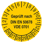Pr&uuml;fplakette Gepr&uuml;ft nach DIN EN 50678 VDE 0701 Gelb