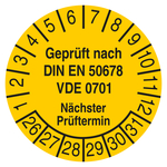 Pr&uuml;fplakette Gepr&uuml;ft nach DIN EN 50678 VDE 0701 N&auml;chster Pr&uuml;ftermin Gelb