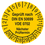 Pr&uuml;fplakette Gepr&uuml;ft nach DIN EN 50699 VDE 0702 N&auml;chster Pr&uuml;ftermin Gelb