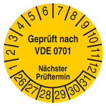 Pr&uuml;fplakette Gepr&uuml;ft nach VDE 0701 N&auml;chster Pr&uuml;ftermin Gelb