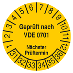 Pr&uuml;fplakette Gepr&uuml;ft nach VDE 0701 N&auml;chster Pr&uuml;ftermin 2031 Gelb Folie stark haftend &Oslash; 30 mm 10 St&uuml;ck/Bogen