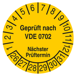 Pr&uuml;fplakette Gepr&uuml;ft nach VDE 0702 N&auml;chster Pr&uuml;ftermin Gelb