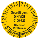 Pr&uuml;fplakette Gepr&uuml;ft gem. DIN VDE 0100-723 N&auml;chster Pr&uuml;ftermin Gelb