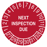 Pr&uuml;fplakette NEXT INSPECTION DUE 2027 Rot Folie &Oslash; 30 mm 10 St&uuml;ck/Bogen