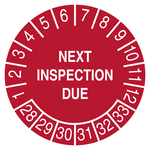 Pr&uuml;fplakette NEXT INSPECTION DUE 2028 Rot Folie mit Schutzfolie &Oslash; 20 mm 10 St&uuml;ck/Bogen
