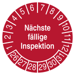 Pr&uuml;fplakette N&auml;chste f&auml;llige Inspektion 2026 Rot Folie abl&ouml;sbar &Oslash; 35 mm 100 St&uuml;ck/Rolle
