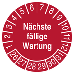 Pr&uuml;fplakette N&auml;chste f&auml;llige Wartung 2026 Rot Folie mit Schutzfolie &Oslash; 40 mm 10 St&uuml;ck/Bogen