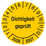 Pr&uuml;fplakette Dichtigkeit gepr&uuml;ft Gelb