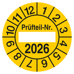 Pr&uuml;fplakette Pr&uuml;fteil-Nr. mit Jahreszahl Gelb