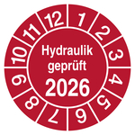 Pr&uuml;fplakette Hydraulik gepr&uuml;ft mit Jahreszahl Rot