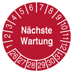 Pr&uuml;fplakette N&auml;chste Wartung 2026 Rot Folie &Oslash; 30 mm 10 St&uuml;ck/Bogen