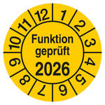 Pr&uuml;fplakette Funktion gepr&uuml;ft mit Jahreszahl Gelb