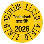 Pr&uuml;fplakette Technisch gepr&uuml;ft mit Jahreszahl Gelb