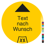 Jahrespr&uuml;fplakette mit Wunschtext und Pfeil, Jahreszahl zweistellig rund