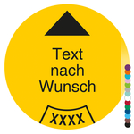 Jahrespr&uuml;fplakette mit Wunschtext und Pfeil, Jahreszahl vierstellig rund