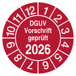 Pr&uuml;fplakette DGUV Vorschrift gepr&uuml;ft mit Jahreszahl Rot