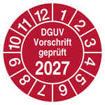 Pr&uuml;fplakette DGUV Vorschrift gepr&uuml;ft Jahr 2027 Rot Folie &Oslash; 35 mm 100 St&uuml;ck/Rolle