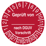 Pr&uuml;fplakette Gepr&uuml;ft von nach DGUV Vorschrift Rot