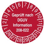 Pr&uuml;fplakette Gepr&uuml;ft nach DGUV Information 208-022 Rot