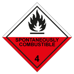 Gefahrzettel, Gefahrgutaufkleber Klasse 4.2 Selbstentzündliche Stoffe mit Zusatztext SPONTANEOUSLY COMBUSTIBLE, Flamme Schwarz, Folie, 100 x 100 mm, 500 Stück/Rolle