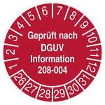 Pr&uuml;fplakette Gepr&uuml;ft nach DGUV Information 208-004 Rot