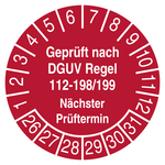 Pr&uuml;fplakette Gepr&uuml;ft nach DGUV Regel 112-198/199 N&auml;chster Pr&uuml;ftermin Rot