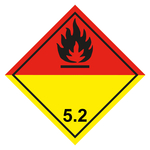 Gefahrzettel, Gefahrgutaufkleber Klasse 5.2 Organische Peroxide, Flamme Schwarz, Folie, 50 x 50 mm, 500 Stück/Rolle