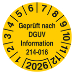 Pr&uuml;fplakette Gepr&uuml;ft nach DGUV Information 214-016 mit Jahreszahl Gelb