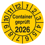 Pr&uuml;fplakette Container gepr&uuml;ft mit Jahreszahl Gelb