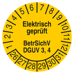 Pr&uuml;fplakette Elektrisch gepr&uuml;ft Betr.SichV DGUV 3, 4 Gelb