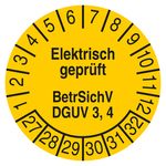 Pr&uuml;fplakette Elektrisch gepr&uuml;ft Betr.SichV DGUV 3, 4 2027 Gelb Folie &Oslash; 20 mm 500 St&uuml;ck/Rolle