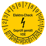Pr&uuml;fplakette Elektro-Check Gepr&uuml;ft gem&auml;&szlig; VDE 2027 Gelb Folie &Oslash; 30 mm 10 St&uuml;ck/Bogen