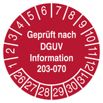 Pr&uuml;fplakette Gepr&uuml;ft nach DGUV Information 203-070 Rot