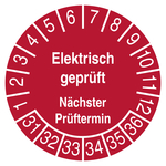 Pr&uuml;fplakette Elektrisch gepr&uuml;ft N&auml;chste Pr&uuml;fung 2031 Rot Chromopapier tiefk&uuml;hlgeeignet &Oslash; 40 mm 100 St&uuml;ck/Rolle
