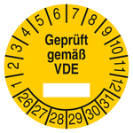 Pr&uuml;fplakette Gepr&uuml;ft gem&auml;&szlig; VDE Gelb