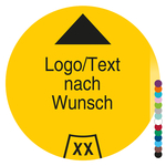 Jahrespr&uuml;fplakette mit Logo, Wunschtext und Pfeil, Jahreszahl zweistellig rund