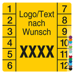 Jahrespr&uuml;fplakette mit Logo, Wunschtext, Wunschfarbe und Jahreszahl quadratisch