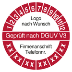 Mehrjahrespr&uuml;fplakette Gepr&uuml;ft nach DGUV V3 mit Logo und Firmendaten
