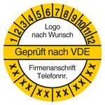 Mehrjahrespr&uuml;fplakette Gepr&uuml;ft nach VDE mit Logo und Firmendaten