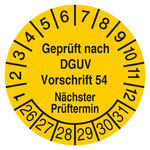 Pr&uuml;fplakette Gepr&uuml;ft nach DGUV Vorschrift 54 N&auml;chster Pr&uuml;ftermin Gelb