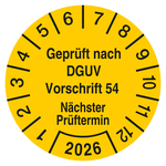 Pr&uuml;fplakette Gepr&uuml;ft nach DGUV Vorschrift 54 N&auml;chster Pr&uuml;ftermin mit Jahreszahl Gelb