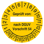 Pr&uuml;fplakette Gepr&uuml;ft von nach DGUV Vorschrift 54 Gelb