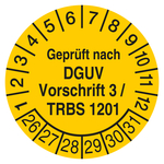 Pr&uuml;fplakette Gepr&uuml;ft nach DGUV Vorschrift 3 / TRBS 1201 Gelb