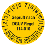 Pr&uuml;fplakette Gepr&uuml;ft nach DGUV Regel 114-010 Gelb