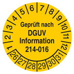 Pr&uuml;fplakette Gepr&uuml;ft nach DGUV Information 214-016 Gelb