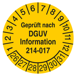 Pr&uuml;fplakette Gepr&uuml;ft nach DGUV Information 214-017 Gelb