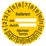 Pr&uuml;fplakette Kalibriert am durch N&auml;chster Termin Gelb